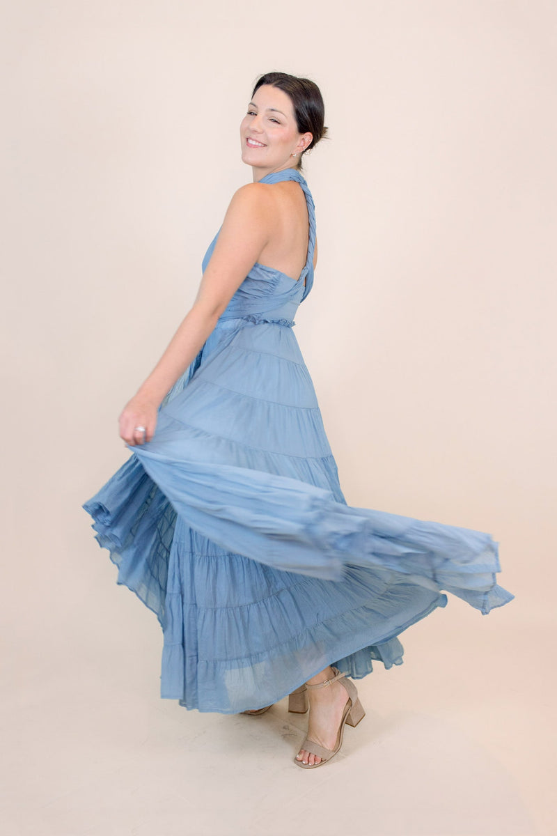 Cassandra Blue Tiered Halter Maxi Love Odette